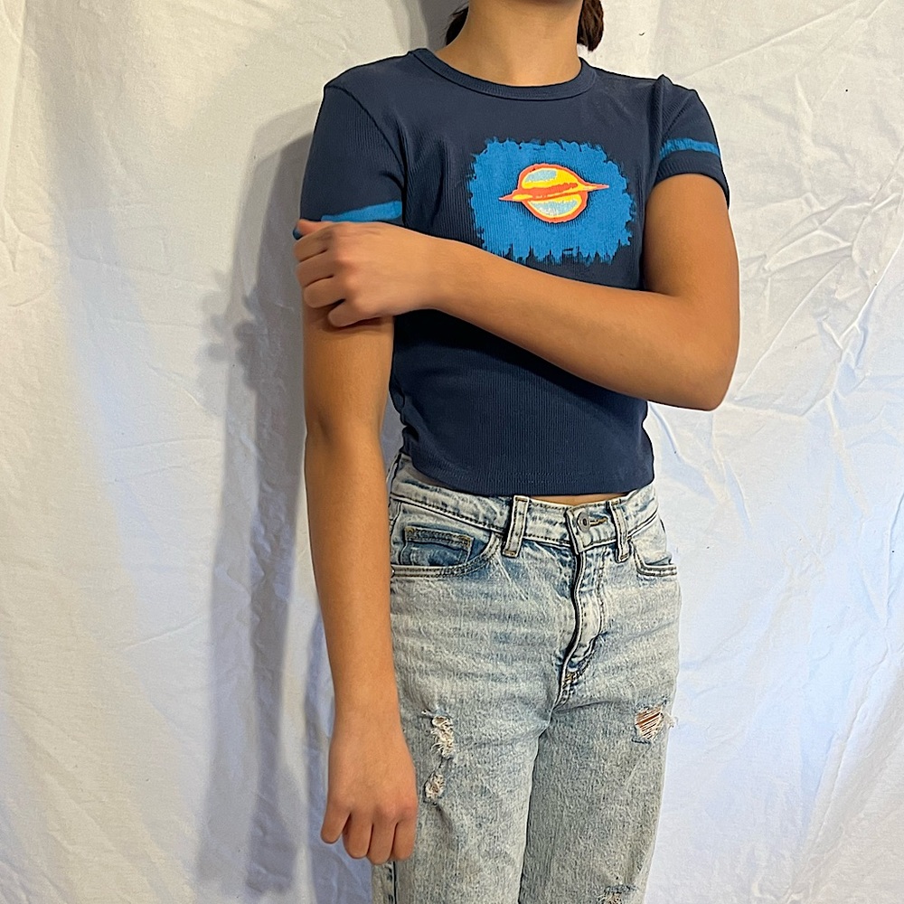 Blue crop top. Planet drawing.